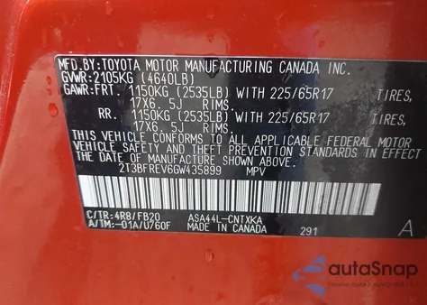 2016 Toyota Rav4 Le из США, поврежденный, VIN 2T3BFREV6GW435899